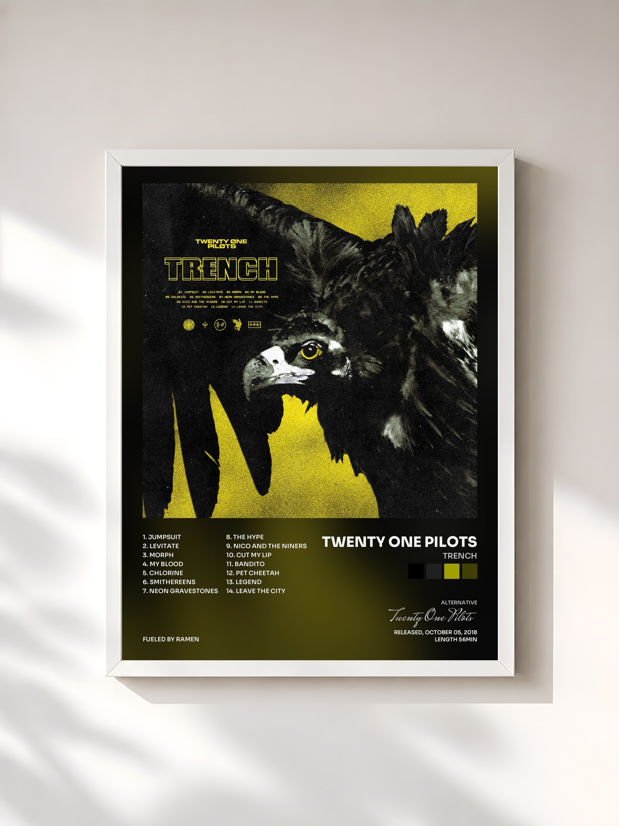 #blanc Tableau de l'album Trench de Twenty One Pilots, cadre blanc, imprimé et encadré en France