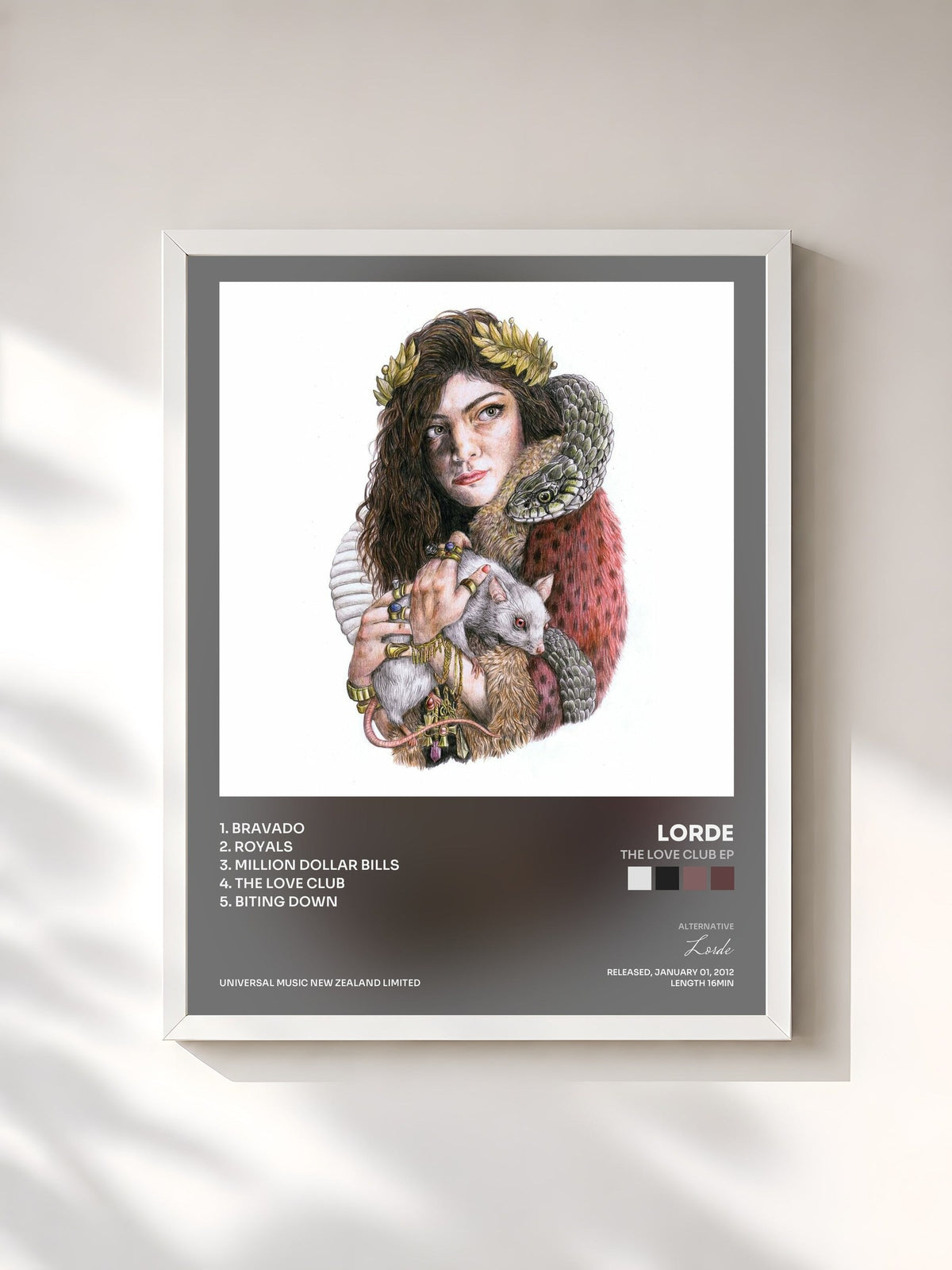 #blanc The Love Club EP by Lorde as a framed art print, white frame, printed and framed in France