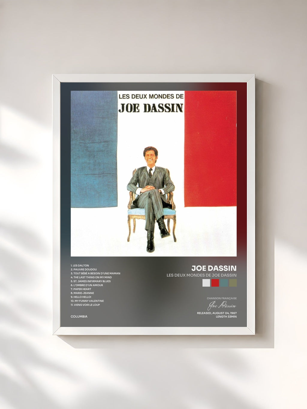 #blanc Tableau de l'album Les deux mondes de Joe Dassin de Joe Dassin, cadre blanc, imprimé et encadré en France