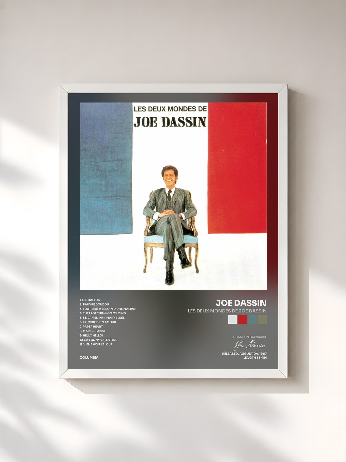 #blanc Tableau de l'album Les deux mondes de Joe Dassin de Joe Dassin, cadre blanc, imprimé et encadré en France
