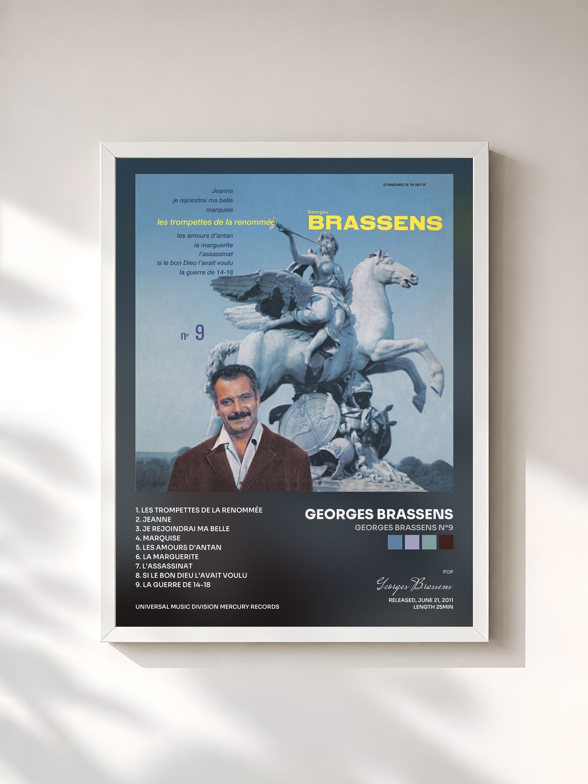 #blanc Tableau de l'album Georges Brassens N°9 de Georges Brassens, cadre blanc, imprimé et encadré en France