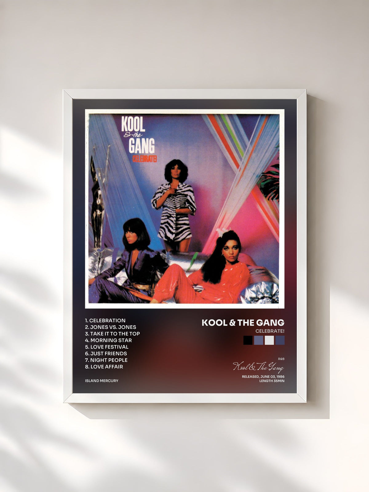 #blanc Celebrate! di Kool & The Gang in stampa incorniciata, cornice bianca, stampata e incorniciata in Francia