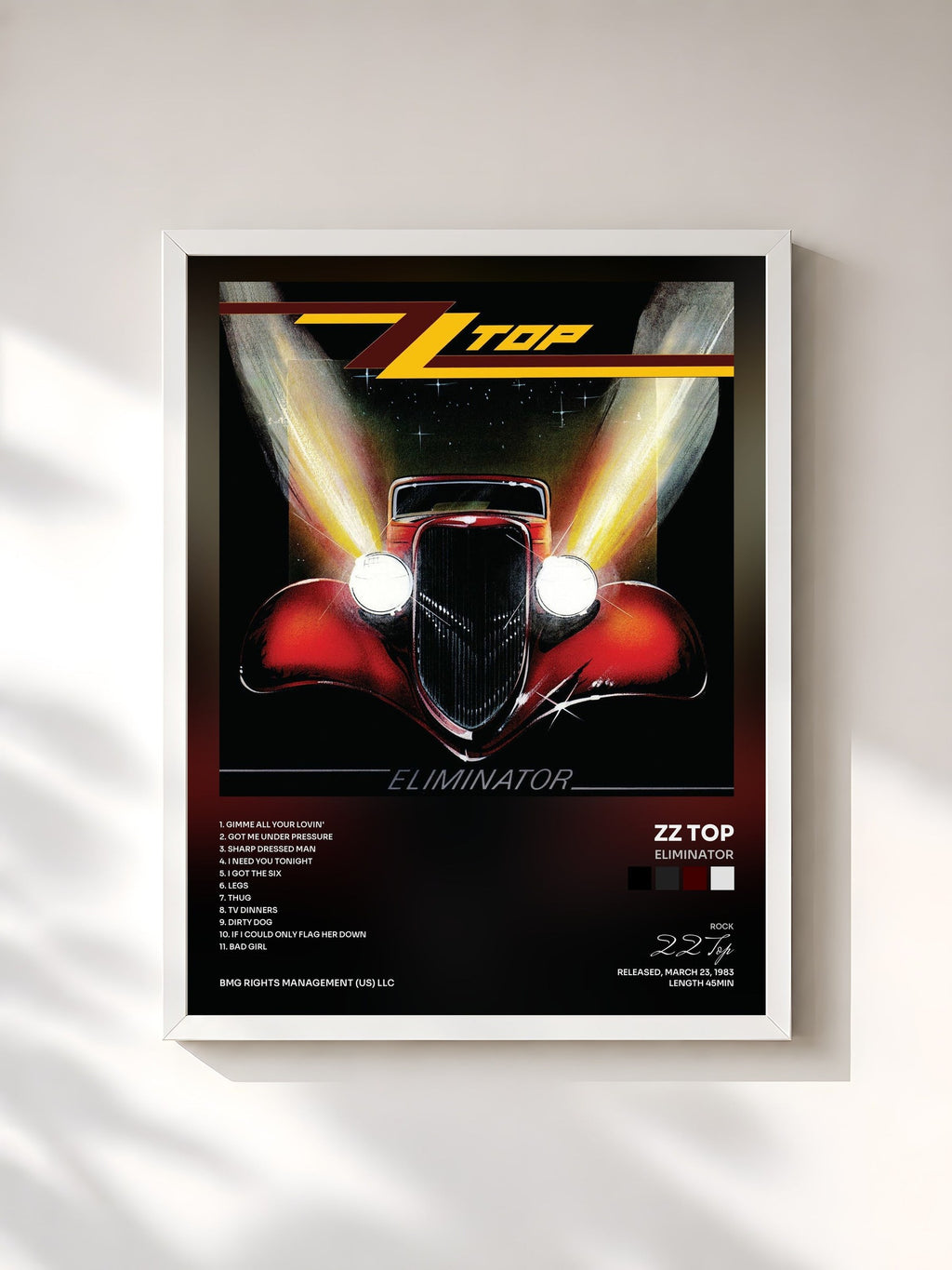 #blanc Tableau de l'album Eliminator de ZZ Top, cadre blanc, imprimé et encadré en France