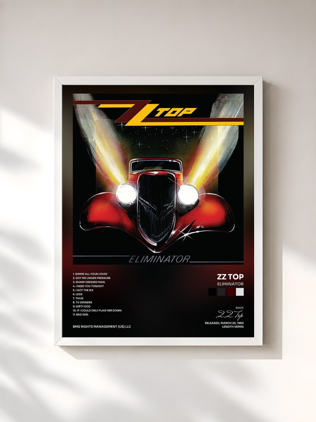 #blanc Tableau de l'album Eliminator de ZZ Top, cadre blanc, imprimé et encadré en France