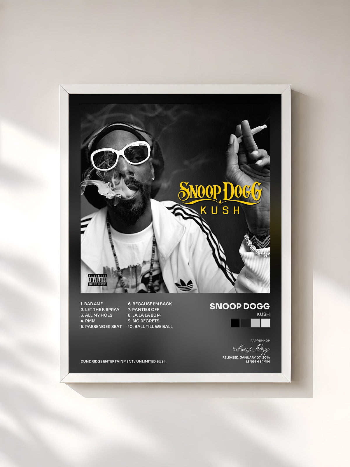 #blanc Tableau de l'album Kush de Snoop Dogg, cadre blanc, imprimé et encadré en France