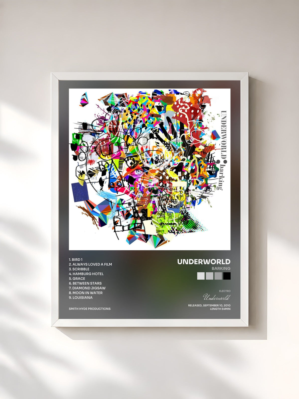 #blanc Barking by Underworld as a framed art print, white frame, printed and framed in France