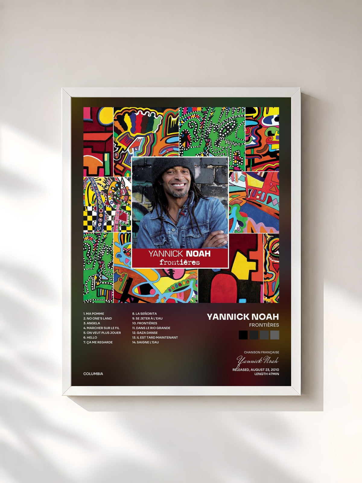 #blanc Tableau de l'album Frontières de Yannick Noah, cadre blanc, imprimé et encadré en France