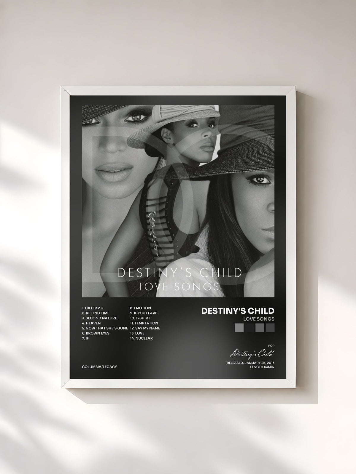 #blanc Tableau de l'album Love Songs de Destiny's Child, cadre blanc, imprimé et encadré en France
