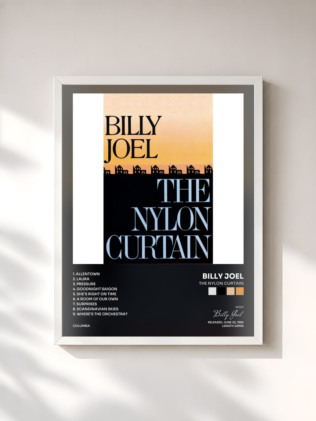 #blanc Tableau de l'album The Nylon Curtain de Billy Joel, cadre blanc, imprimé et encadré en France