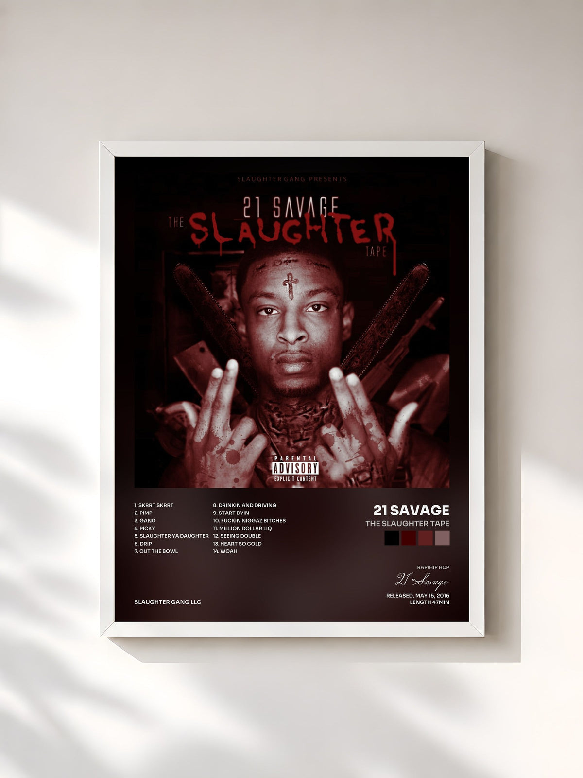 #blanc The Slaughter Tape by 21 Savage as a framed art print, white frame, printed and framed in France