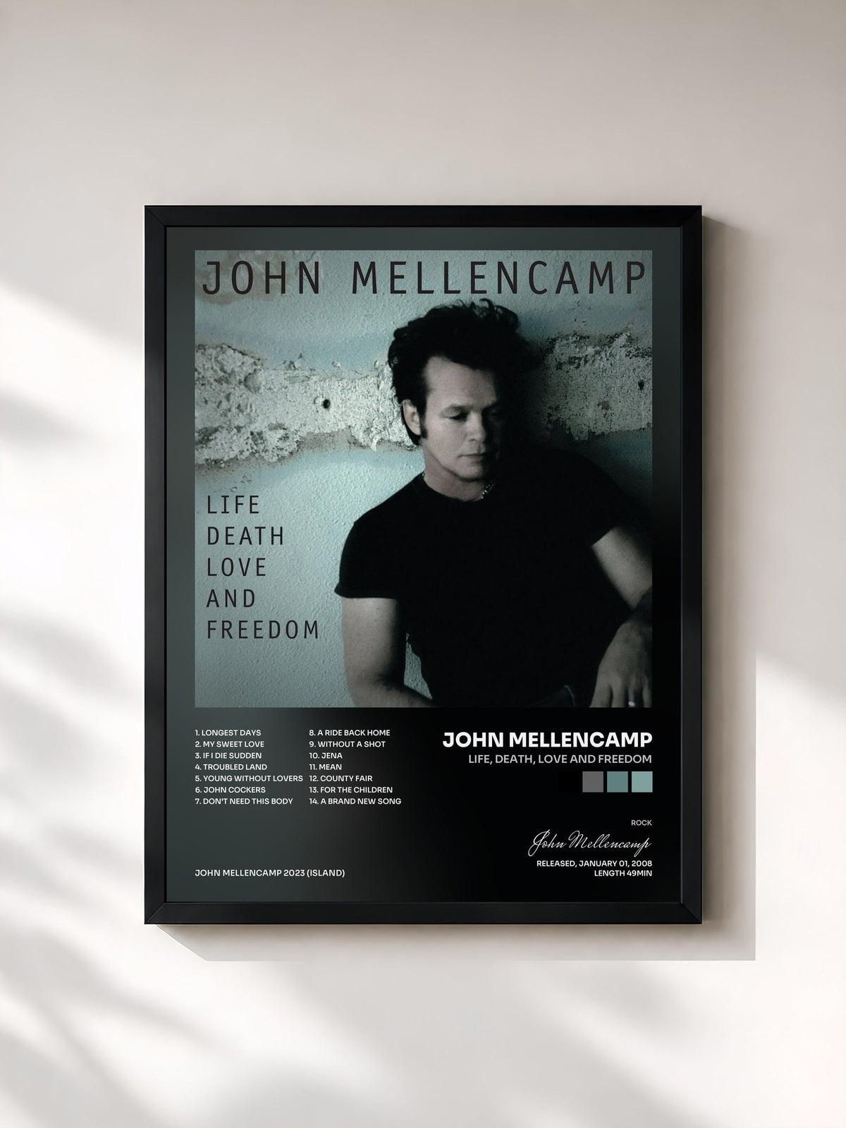 #noir Life, Death, Love And Freedom de John Mellencamp en lámina enmarcada, marco negro, impresa y enmarcada en Francia
