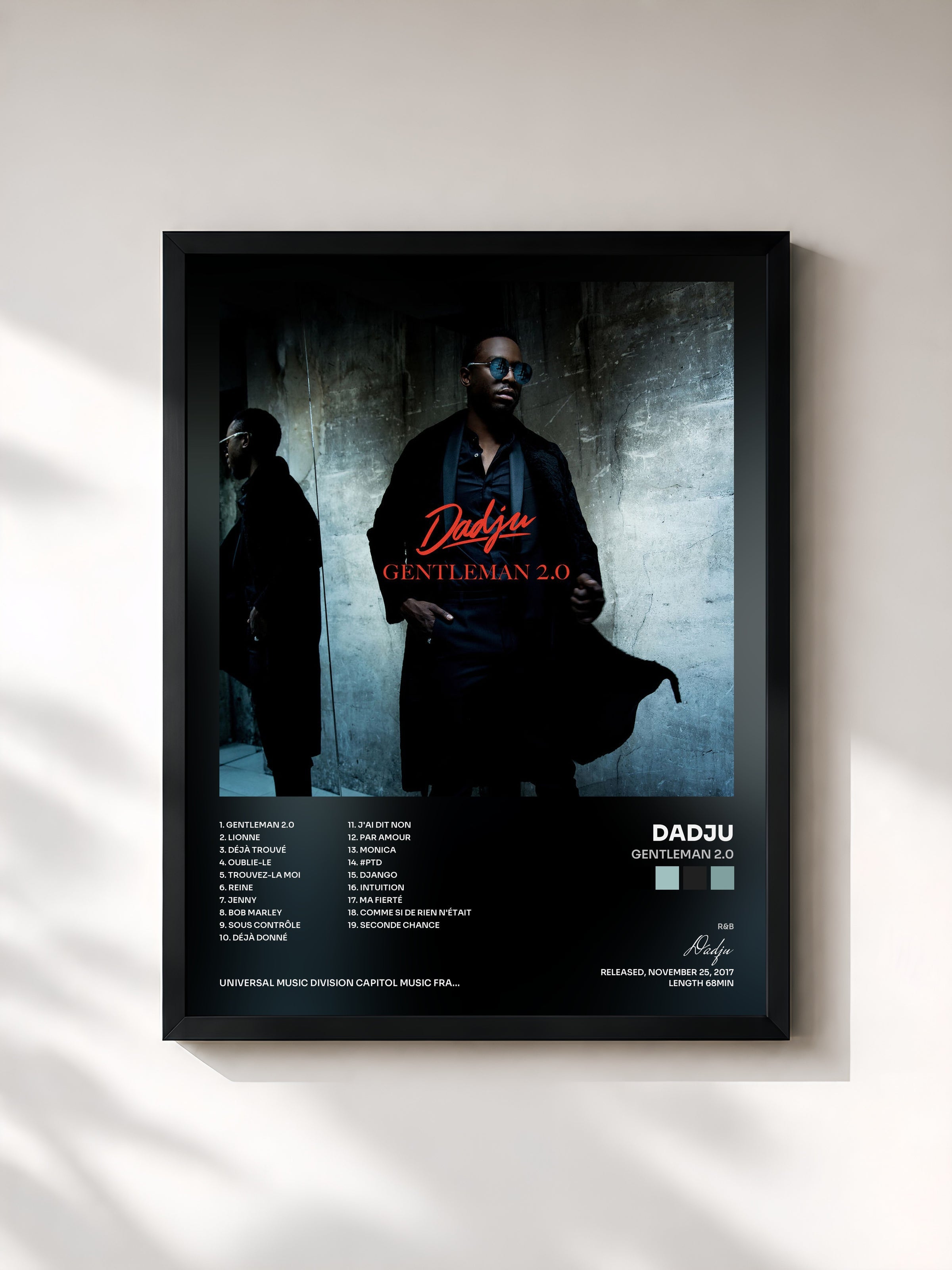 #noir Tableau de l'album Gentleman 2.0 de Dadju, cadre noir, imprimé et encadré en France