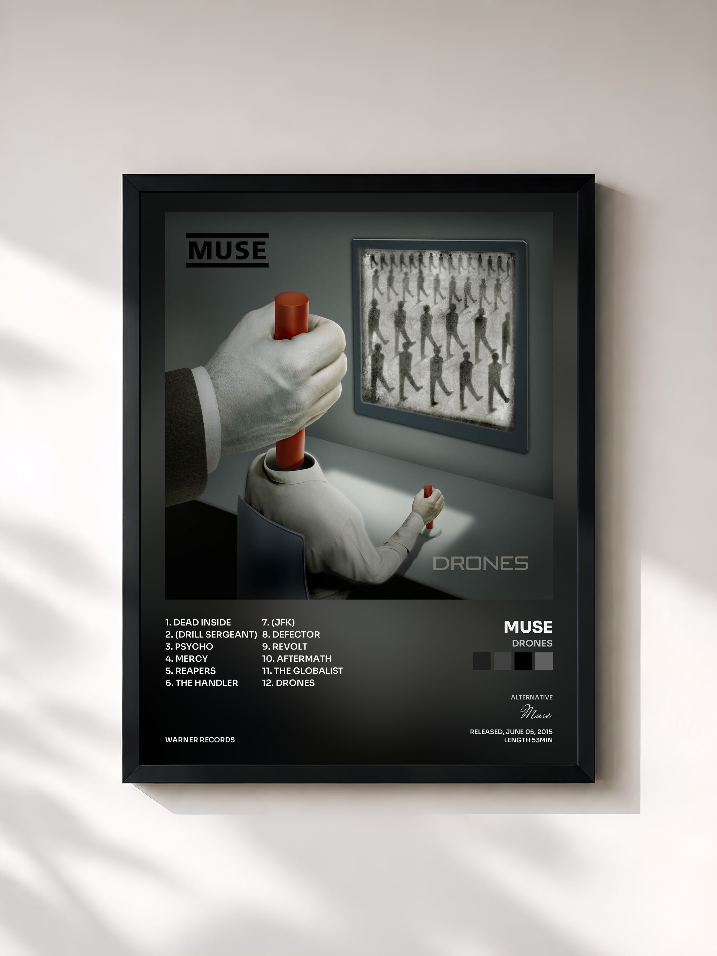 #noir Tableau de l'album Drones de Muse, cadre noir, imprimé et encadré en France