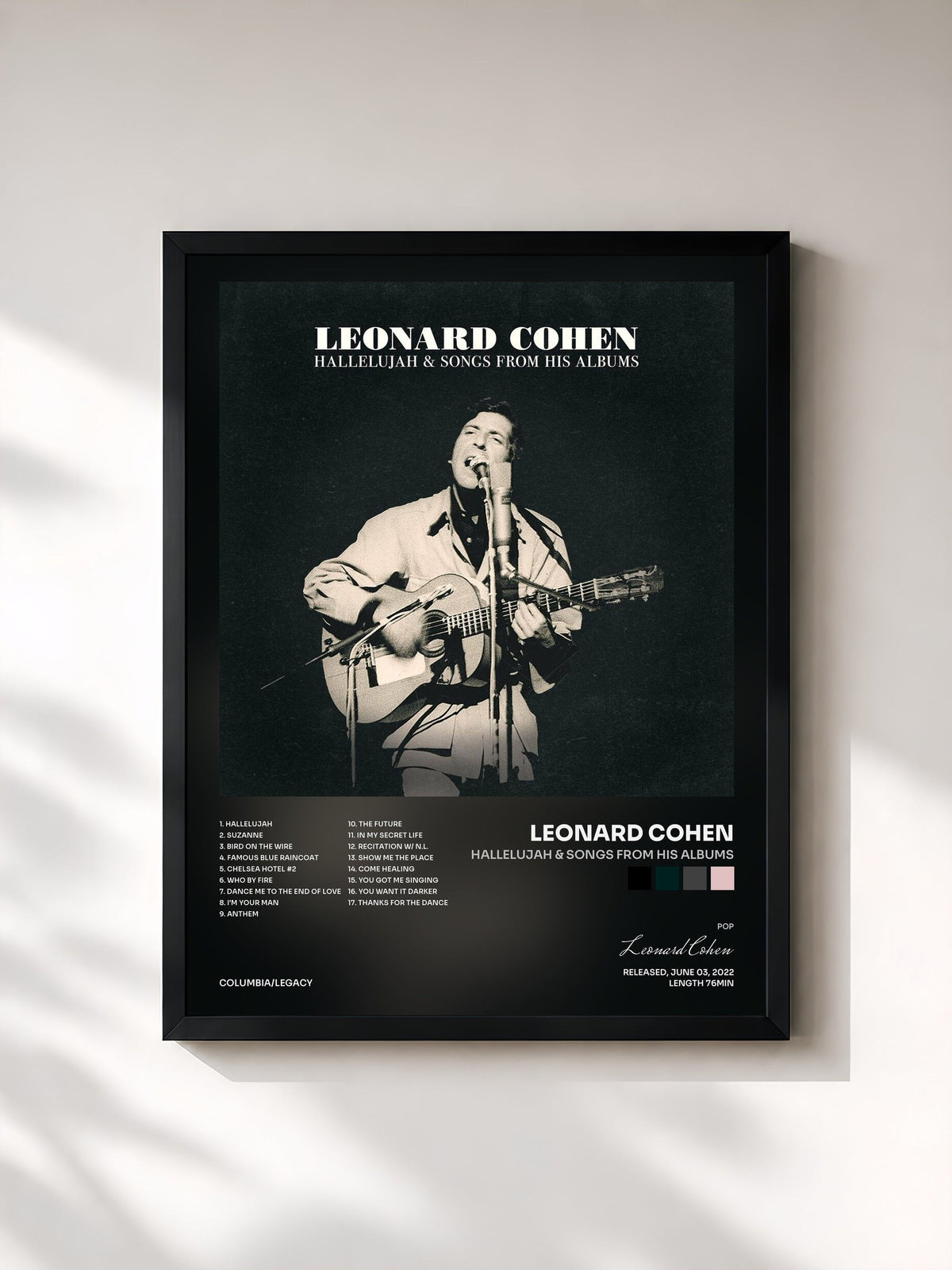 #noir Tableau de l'album Hallelujah & Songs from His Albums de Leonard Cohen, cadre noir, imprimé et encadré en France