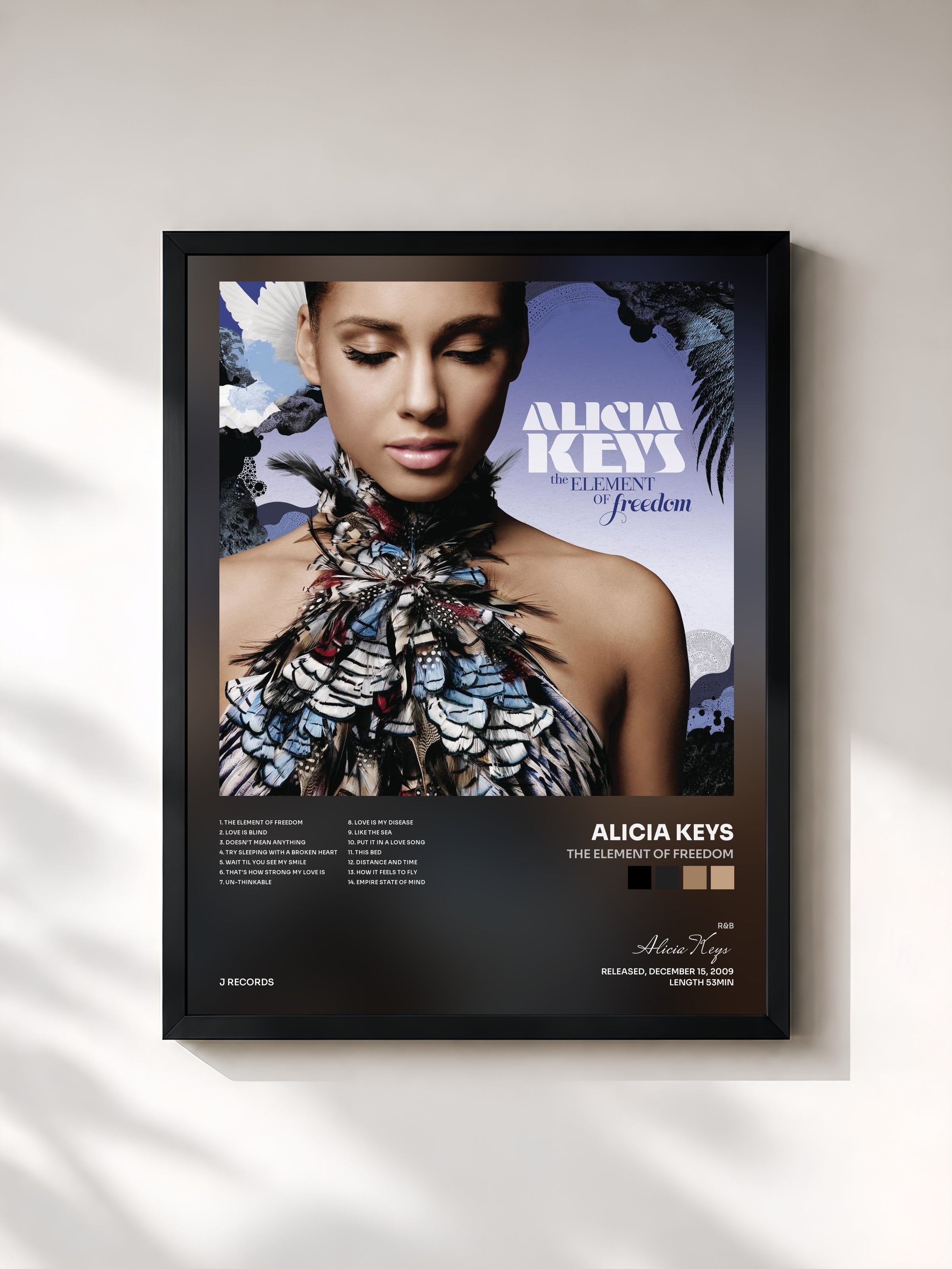 #noir Tableau de l'album The Element Of Freedom de Alicia Keys, cadre noir, imprimé et encadré en France