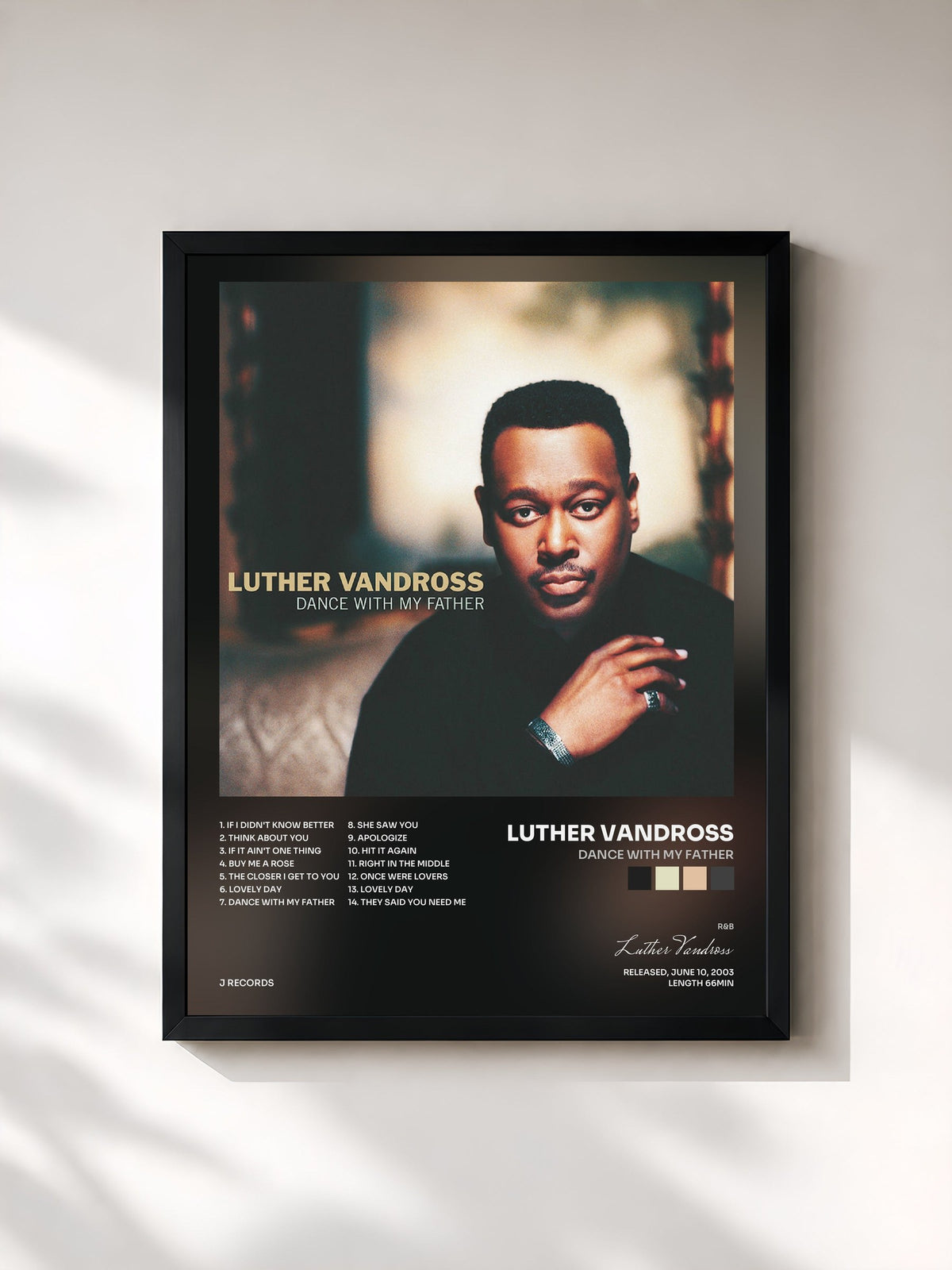 #noir Tableau de l'album Dance With My Father de Luther Vandross, cadre noir, imprimé et encadré en France