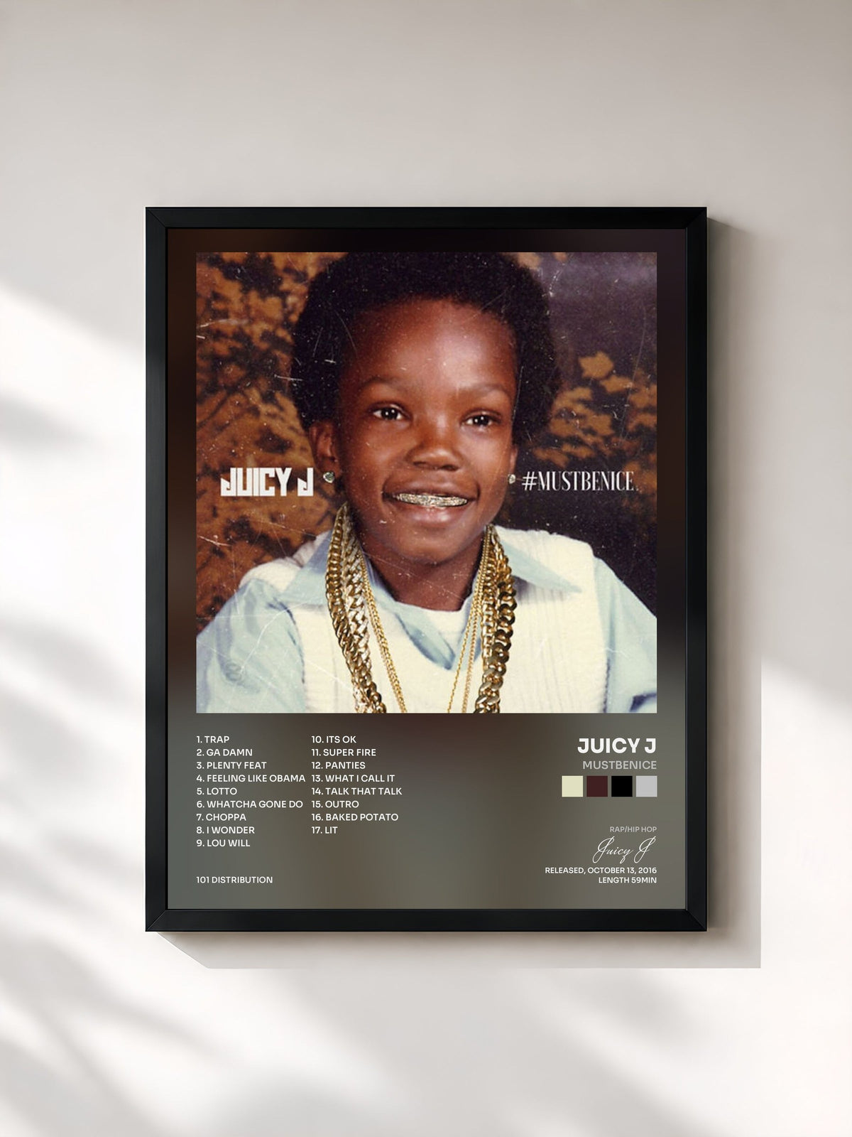 #noir Tableau de l'album Mustbenice de Juicy J, cadre noir, imprimé et encadré en France
