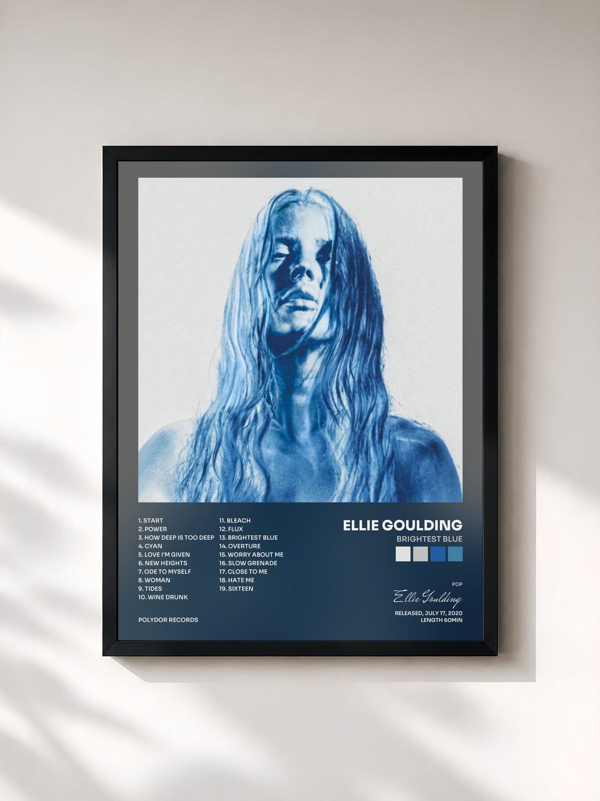 #noir Tableau de l'album Brightest Blue de Ellie Goulding, cadre noir, imprimé et encadré en France