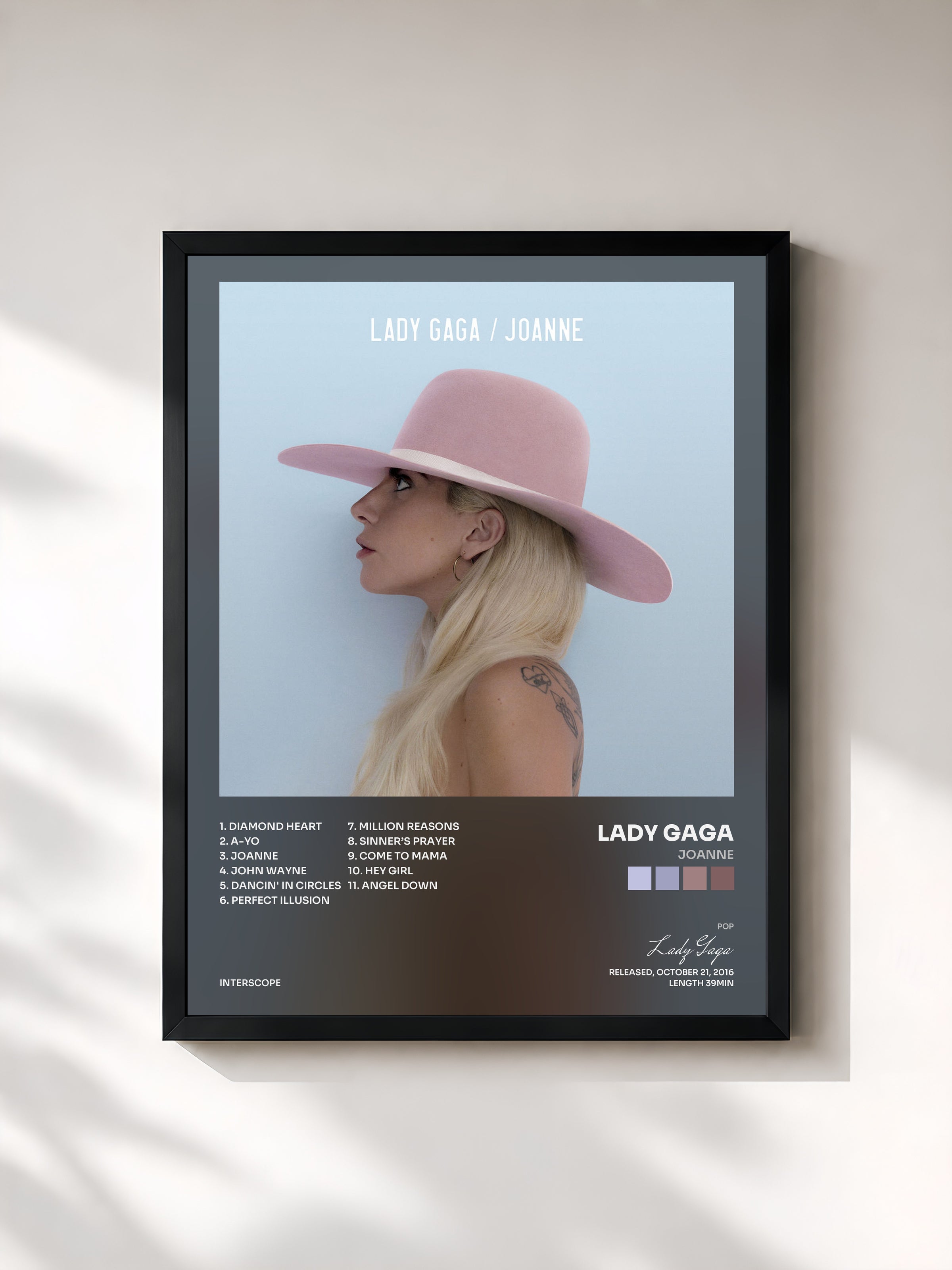 #noir Tableau de l'album Joanne de Lady Gaga, cadre noir, imprimé et encadré en France