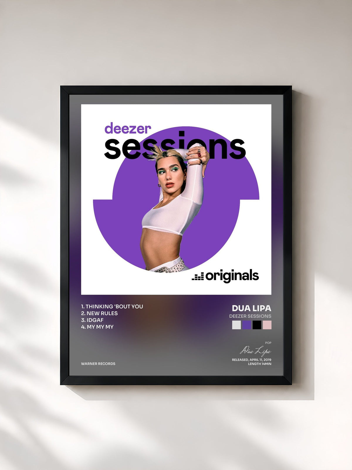 #noir Tableau de l'album Deezer Sessions de Dua Lipa, cadre noir, imprimé et encadré en France