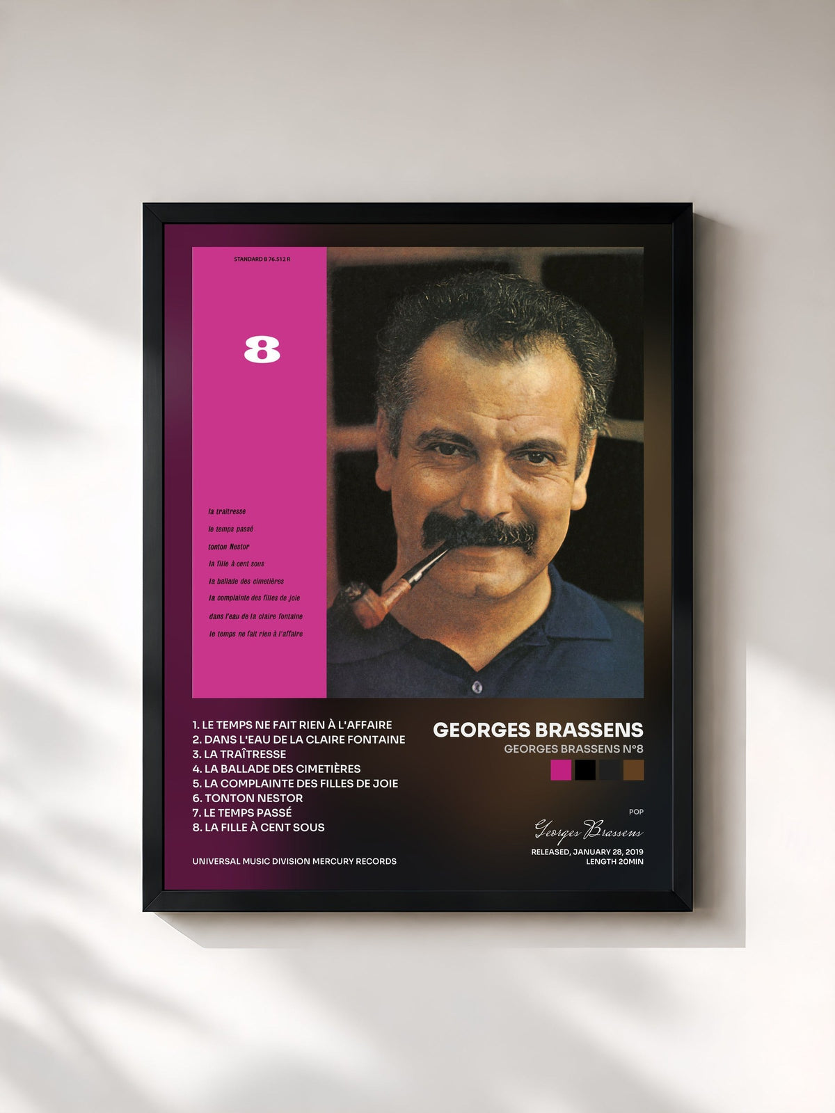#noir Tableau de l'album Georges Brassens N°8 de Georges Brassens, cadre noir, imprimé et encadré en France