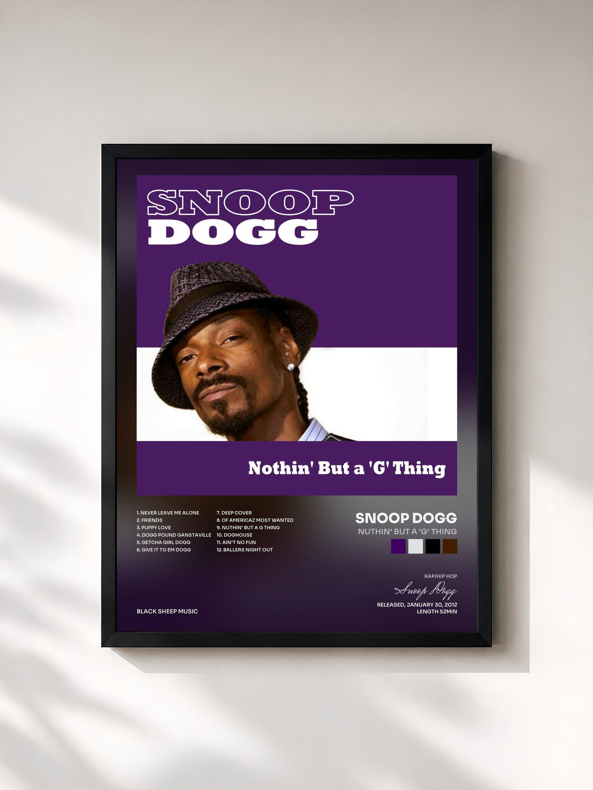 #noir Tableau de l'album Nuthin' But a 'G' Thing de Snoop Dogg, cadre noir, imprimé et encadré en France