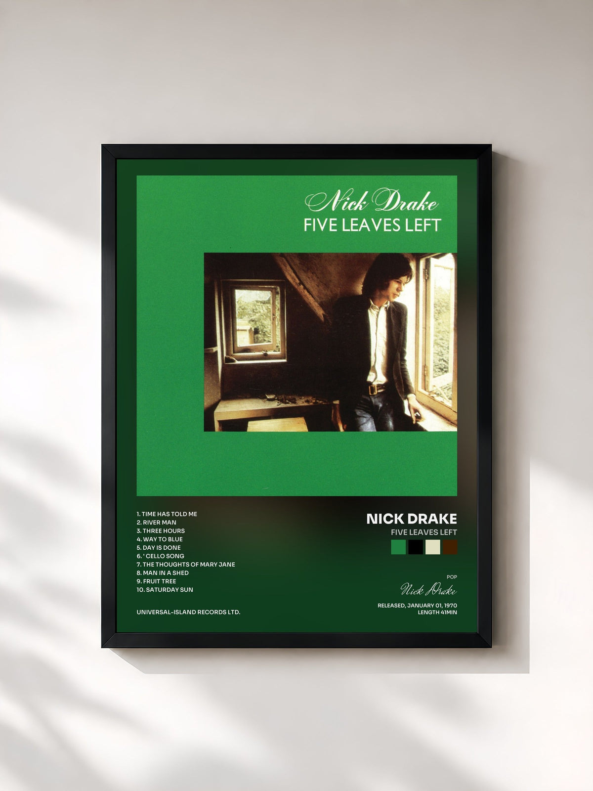 #noir Tableau de l'album Five Leaves Left de Nick Drake, cadre noir, imprimé et encadré en France