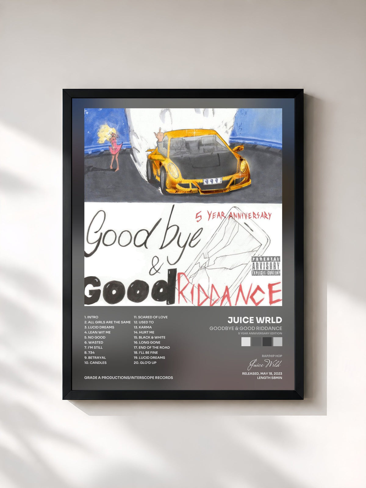 #noir Tableau de l'album Goodbye & Good Riddance (5 Year Anniversary Edition) de Juice Wrld, cadre noir, imprimé et encadré en France