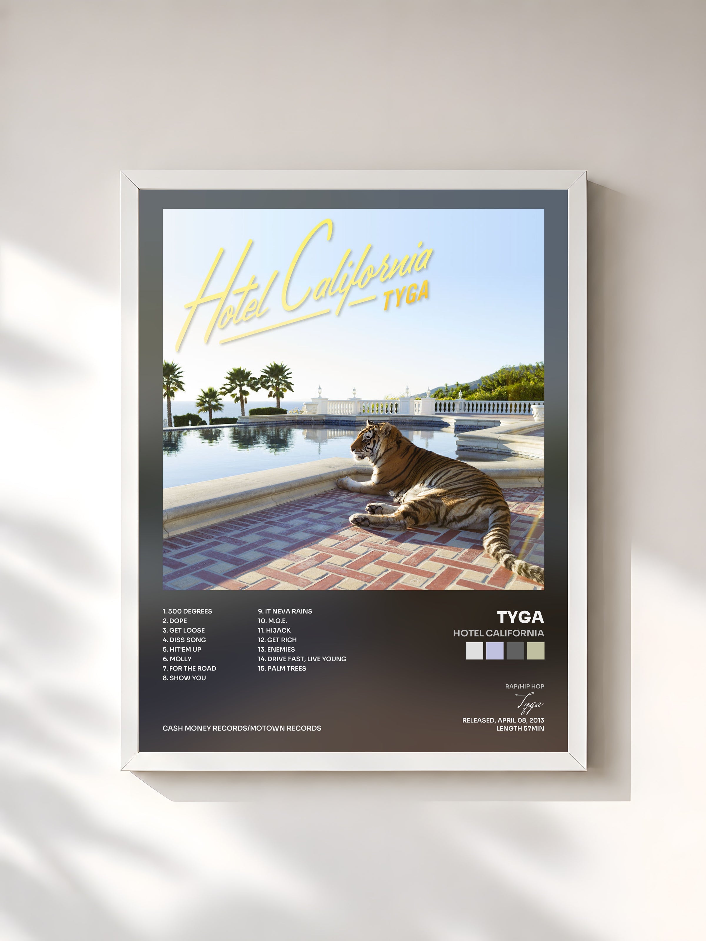 #blanc Hotel California by Tyga as a framed art print, white frame, printed and framed in France