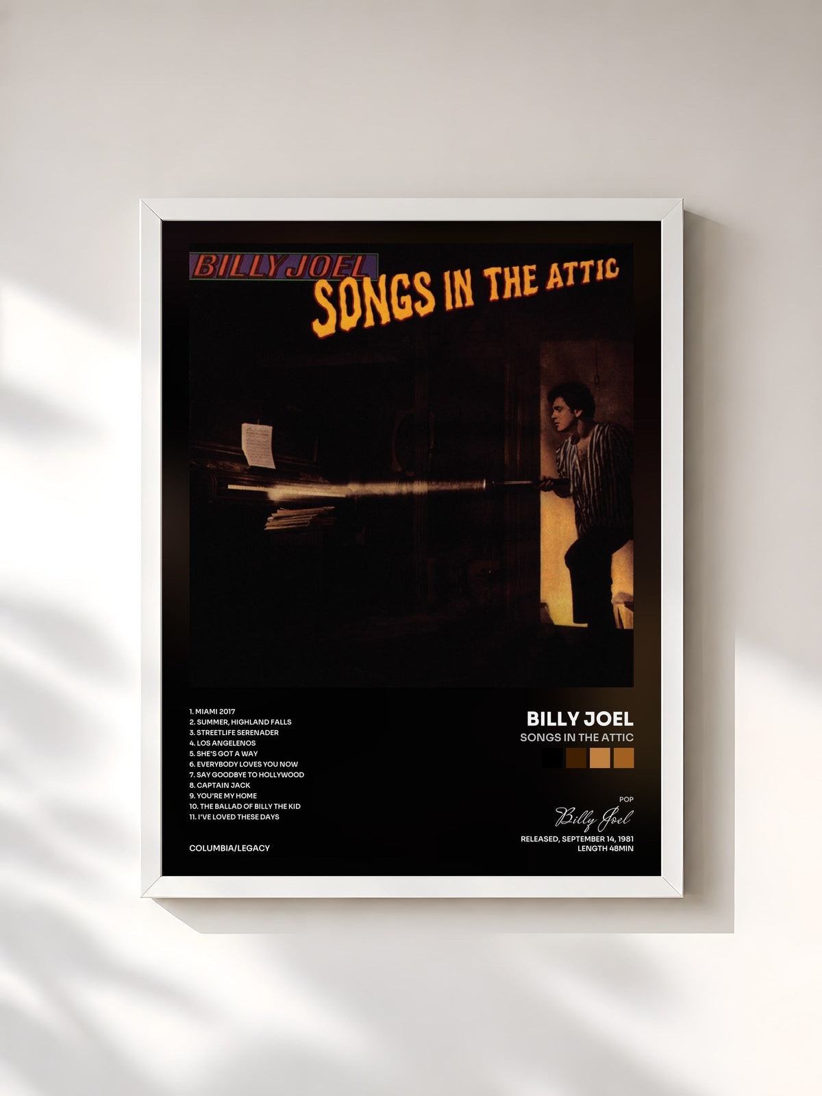 #blanc Songs In the Attic de Billy Joel en lámina enmarcada, marco blanco, impresa y enmarcada en Francia
