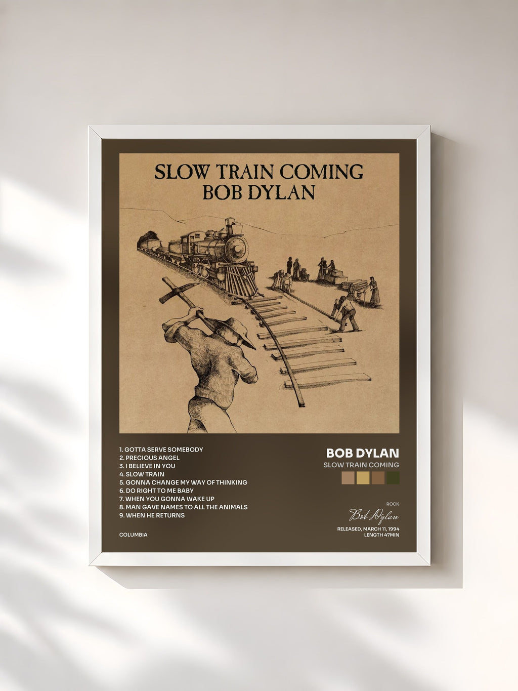 #blanc Tableau de l'album Slow Train Coming de Bob Dylan, cadre blanc, imprimé et encadré en France