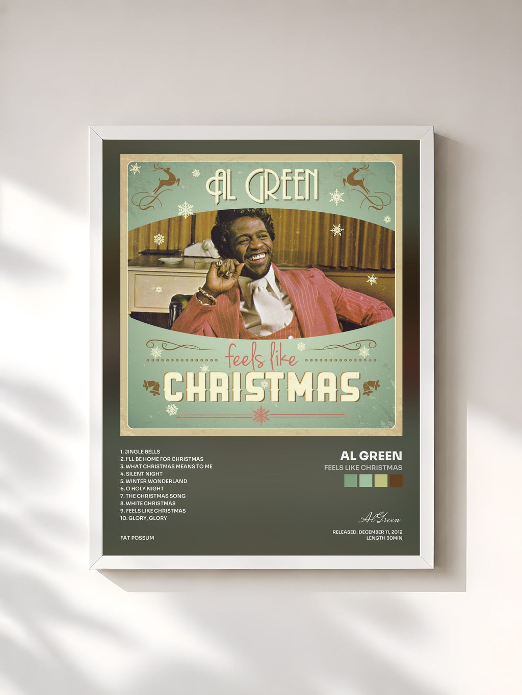 #blanc Tableau de l'album Feels Like Christmas de Al Green, cadre blanc, imprimé et encadré en France