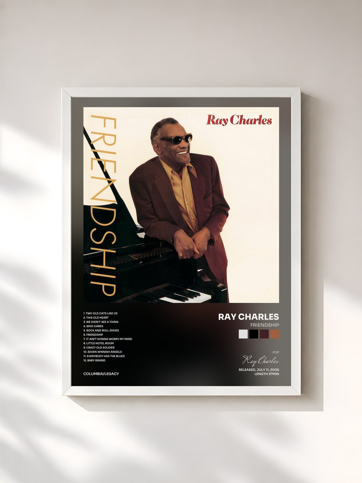 #blanc Tableau de l'album Friendship de Ray Charles, cadre blanc, imprimé et encadré en France