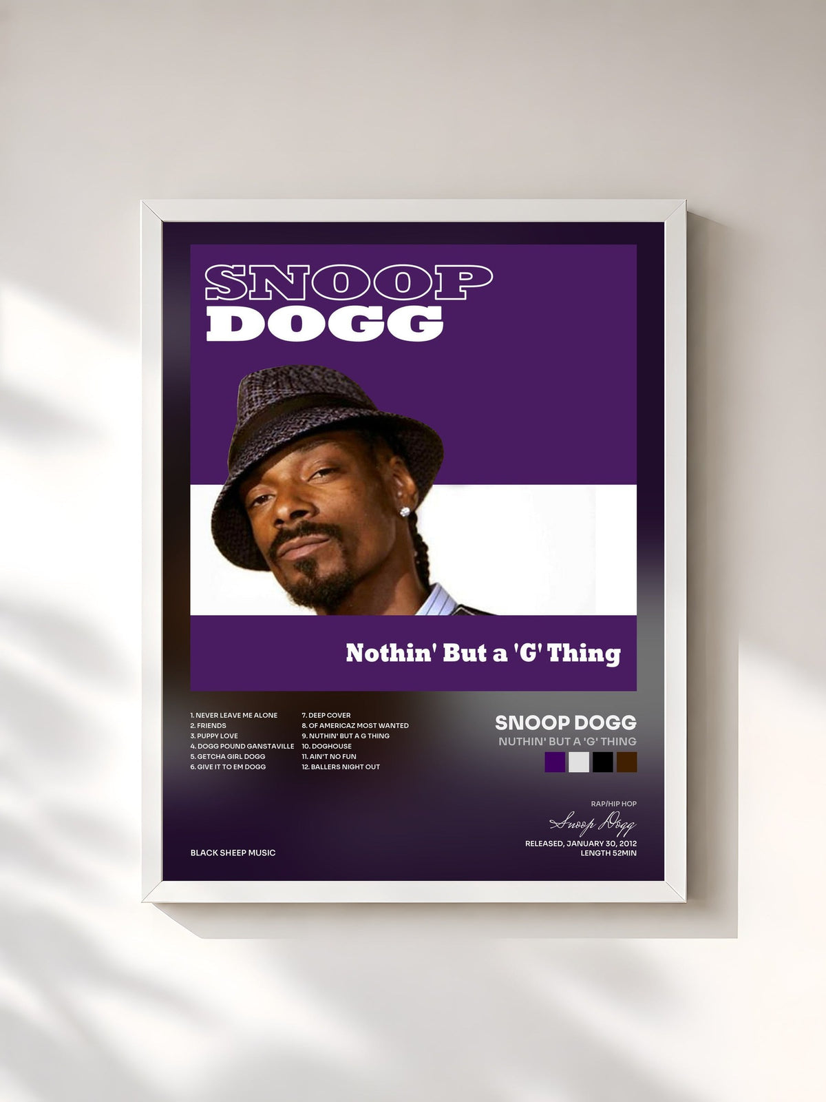 #blanc Tableau de l'album Nuthin' But a 'G' Thing de Snoop Dogg, cadre blanc, imprimé et encadré en France