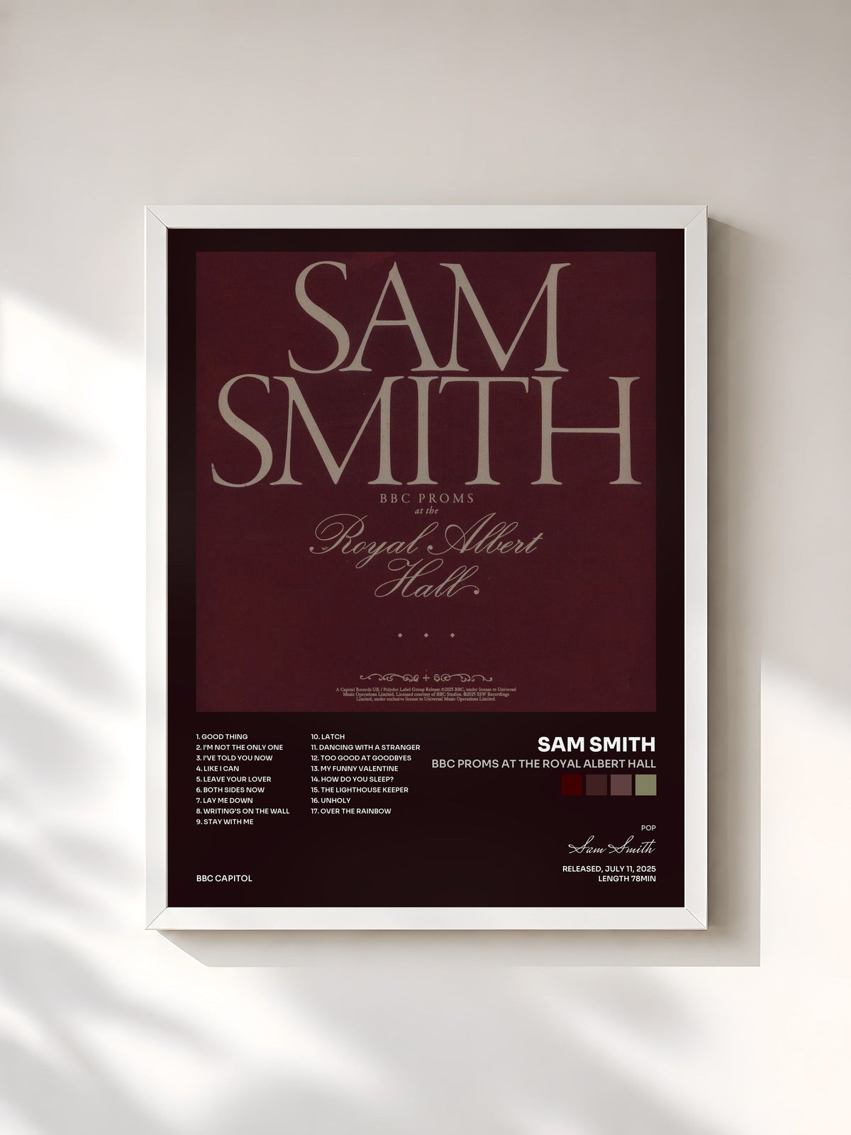 #blanc Tableau de l'album BBC Proms At The Royal Albert Hall de Sam Smith, cadre blanc, imprimé et encadré en France
