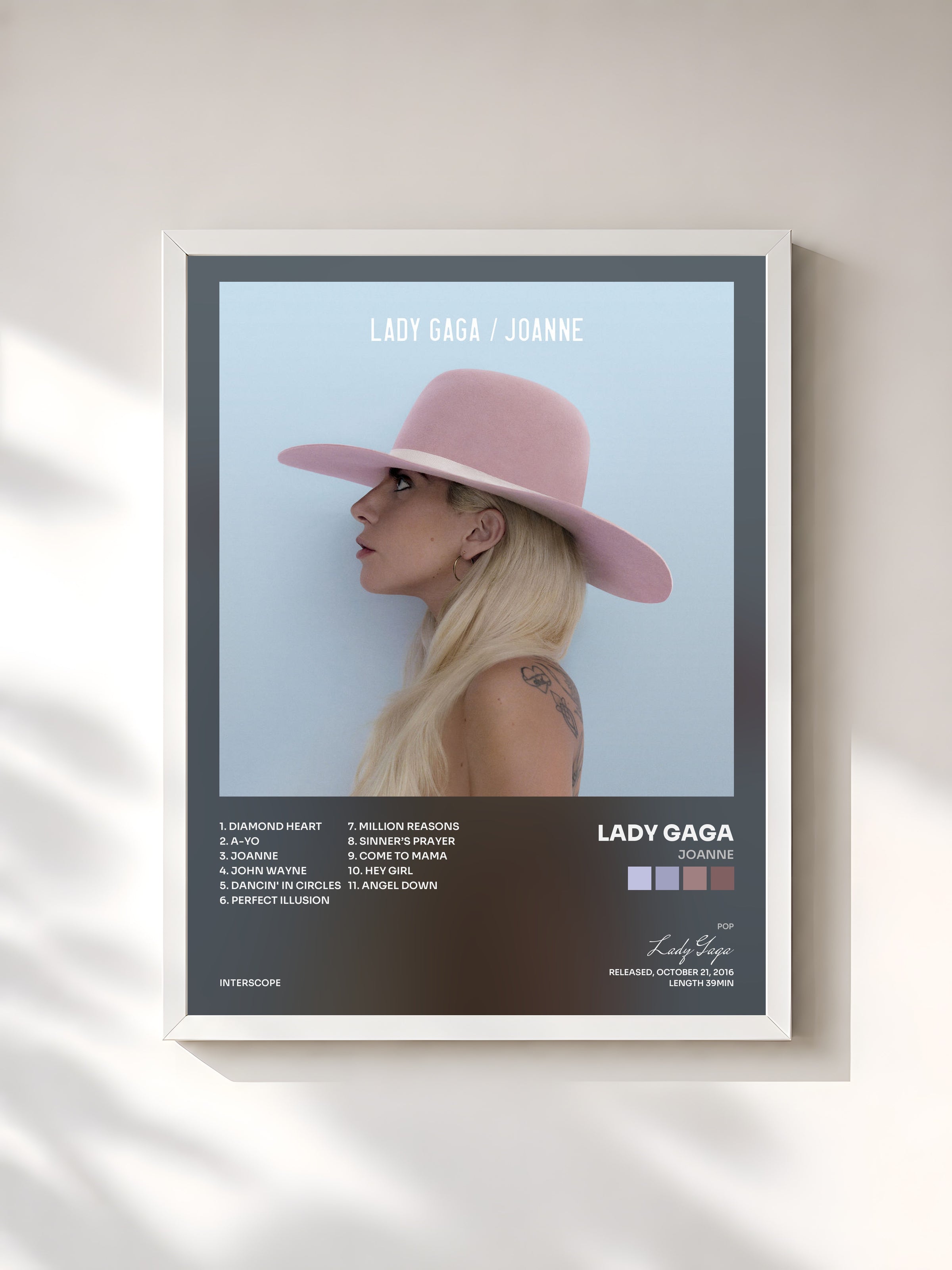 #blanc Tableau de l'album Joanne de Lady Gaga, cadre blanc, imprimé et encadré en France