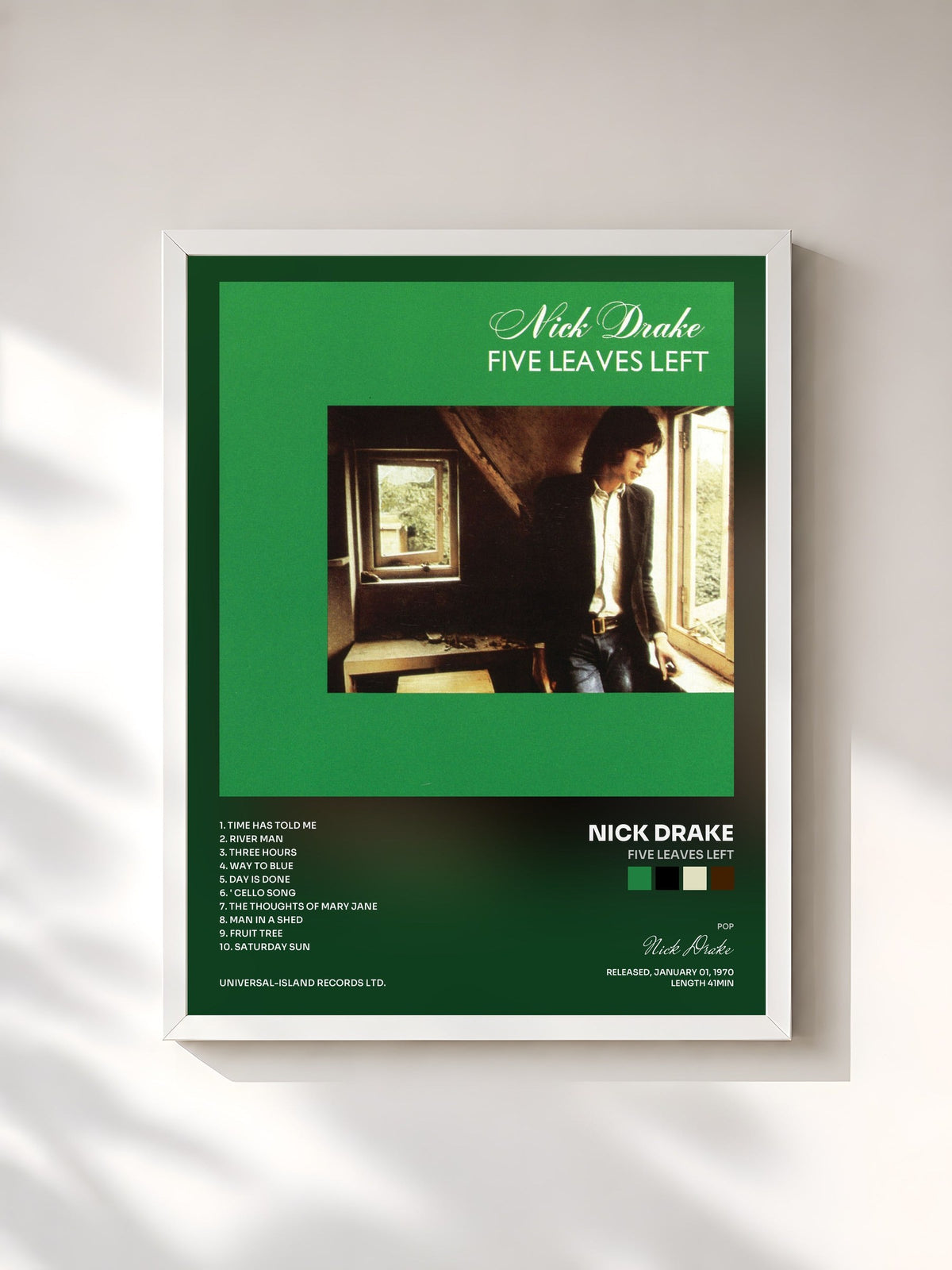 #blanc Tableau de l'album Five Leaves Left de Nick Drake, cadre blanc, imprimé et encadré en France