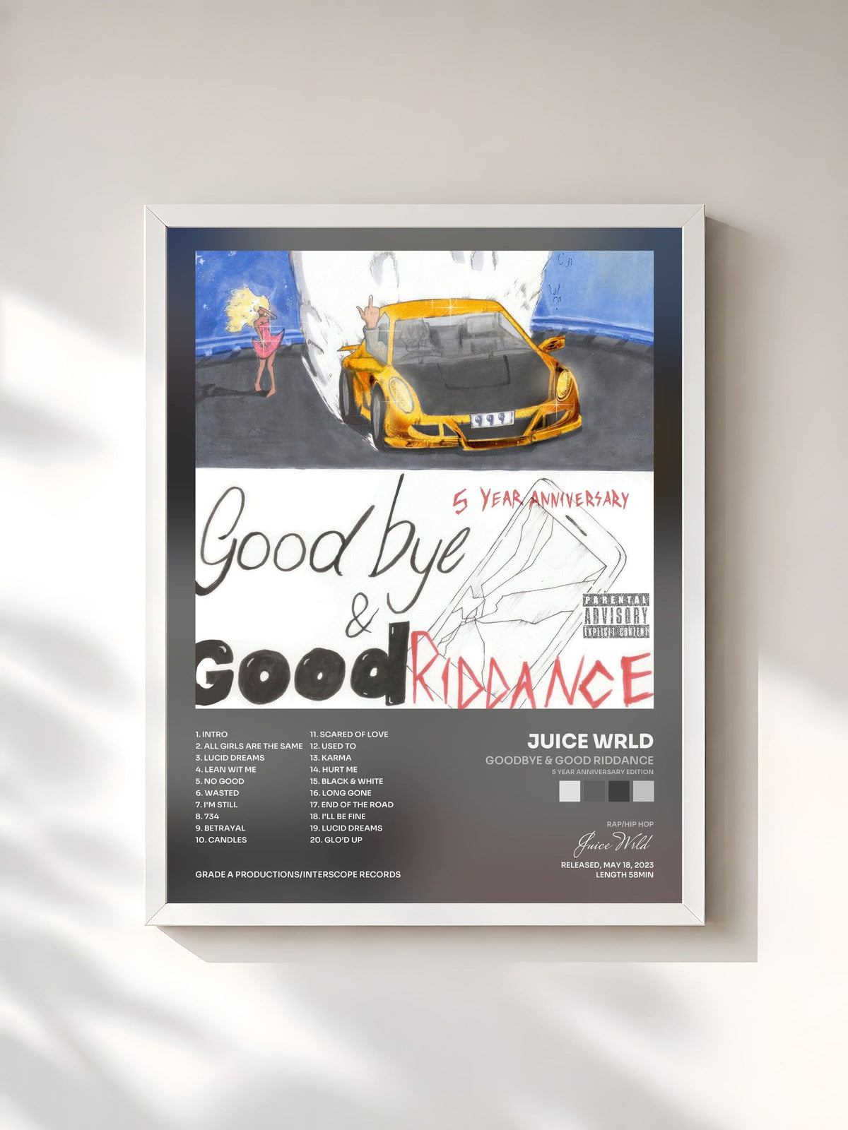 #blanc Tableau de l'album Goodbye & Good Riddance (5 Year Anniversary Edition) de Juice Wrld, cadre blanc, imprimé et encadré en France