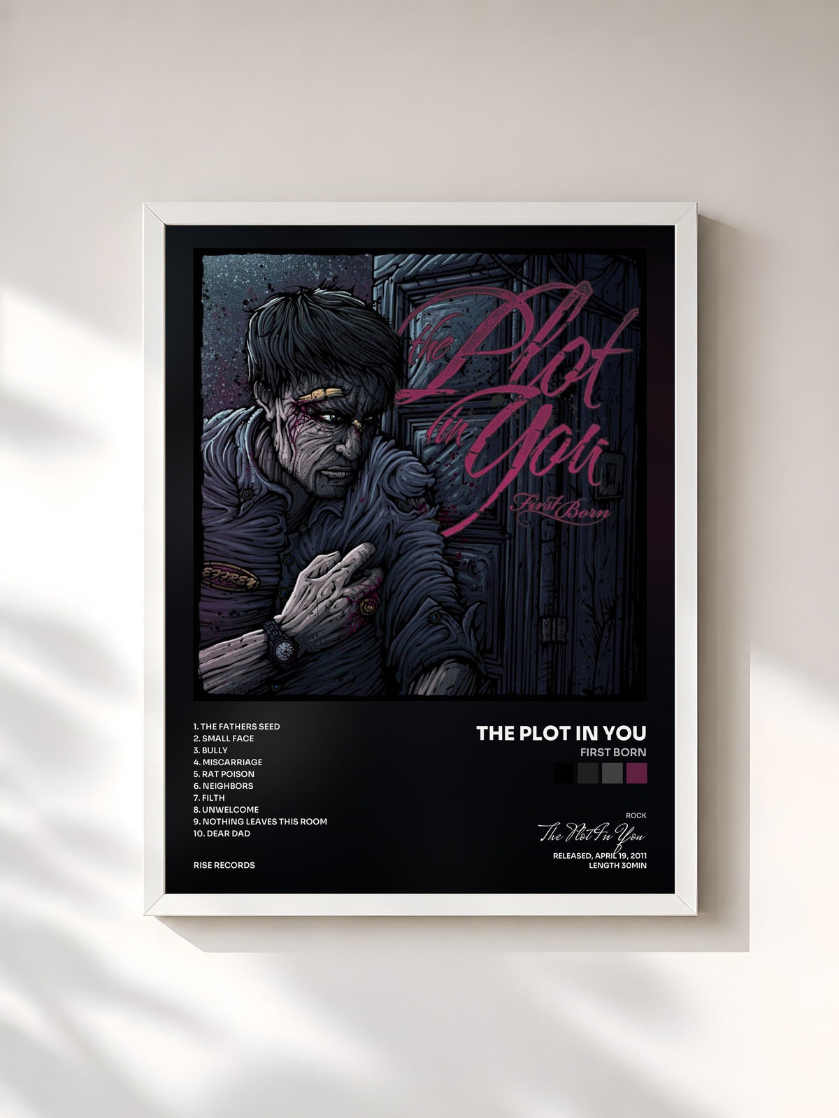 #blanc Tableau de l'album First Born de The Plot In You, cadre blanc, imprimé et encadré en France