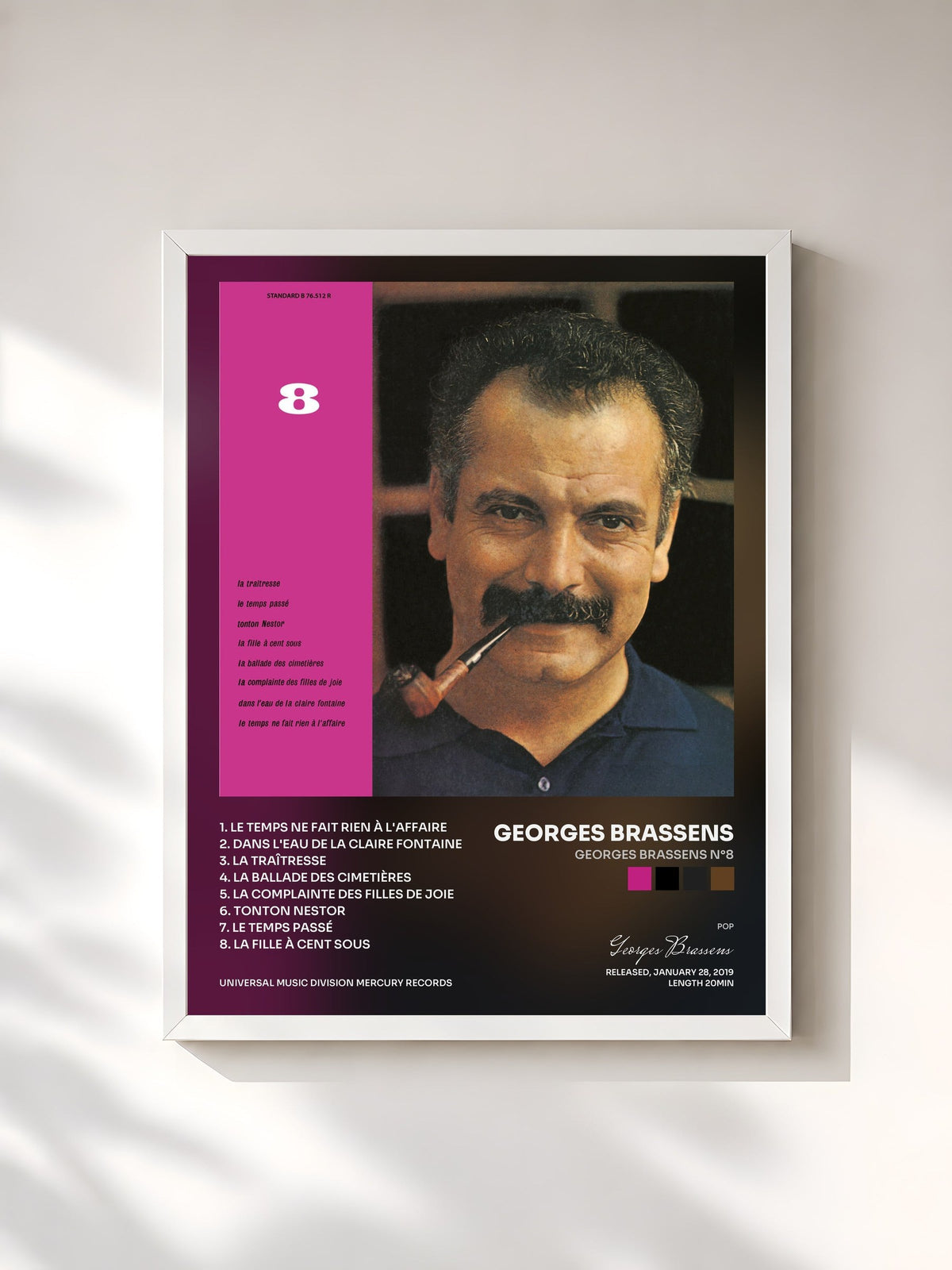 #blanc Tableau de l'album Georges Brassens N°8 de Georges Brassens, cadre blanc, imprimé et encadré en France