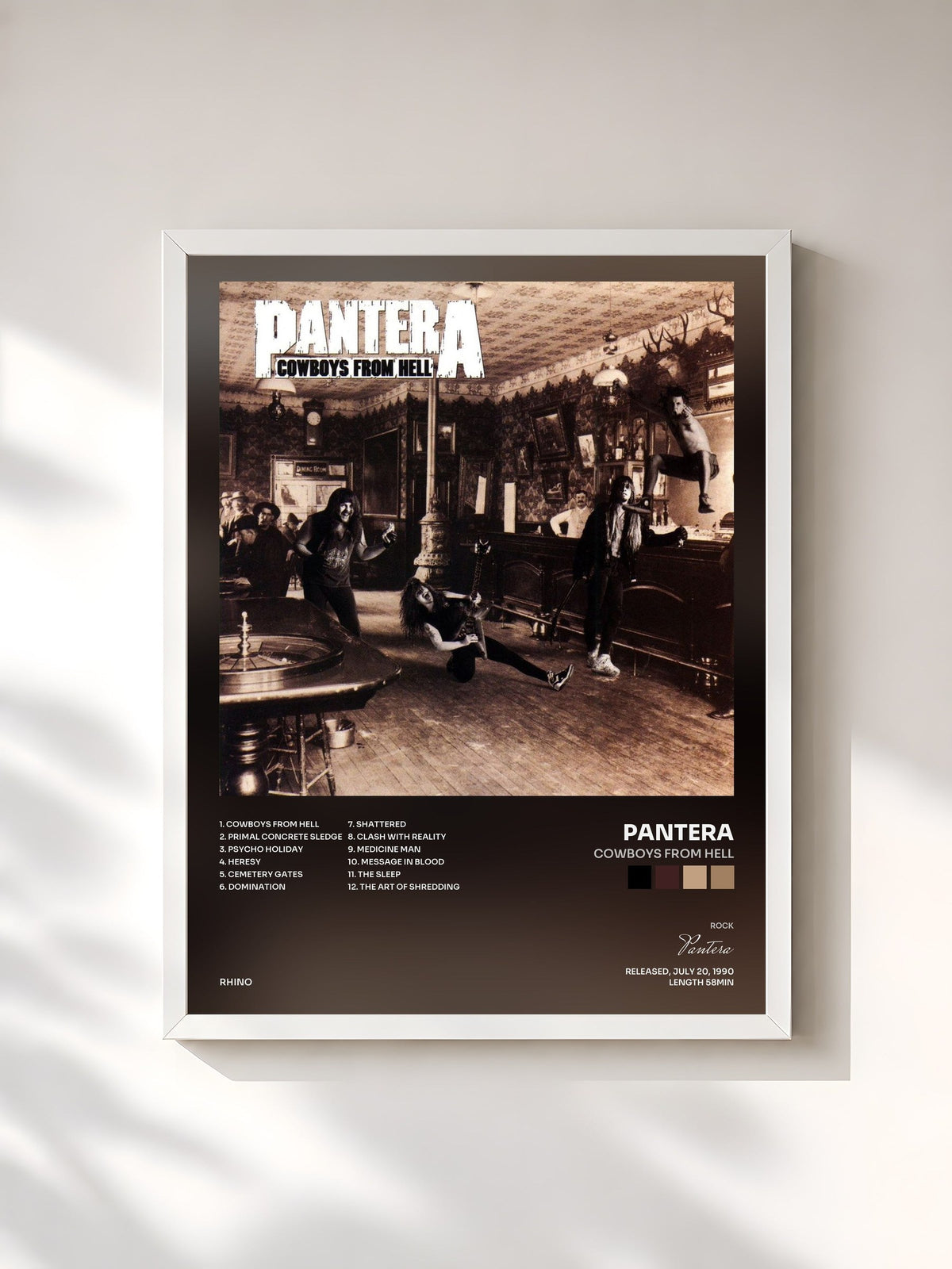 #blanc Tableau de l'album Cowboys from Hell de Pantera, cadre blanc, imprimé et encadré en France