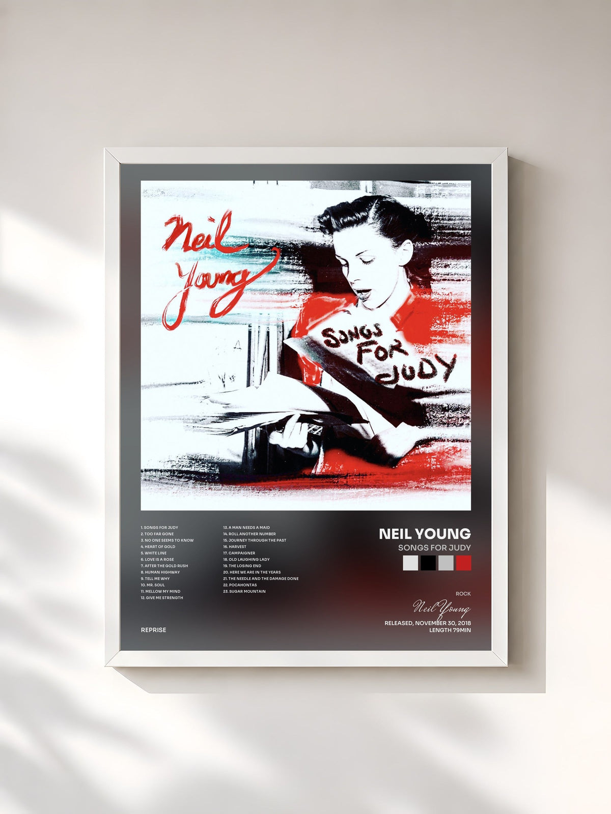 #blanc Tableau de l'album Songs for Judy de Neil Young, cadre blanc, imprimé et encadré en France