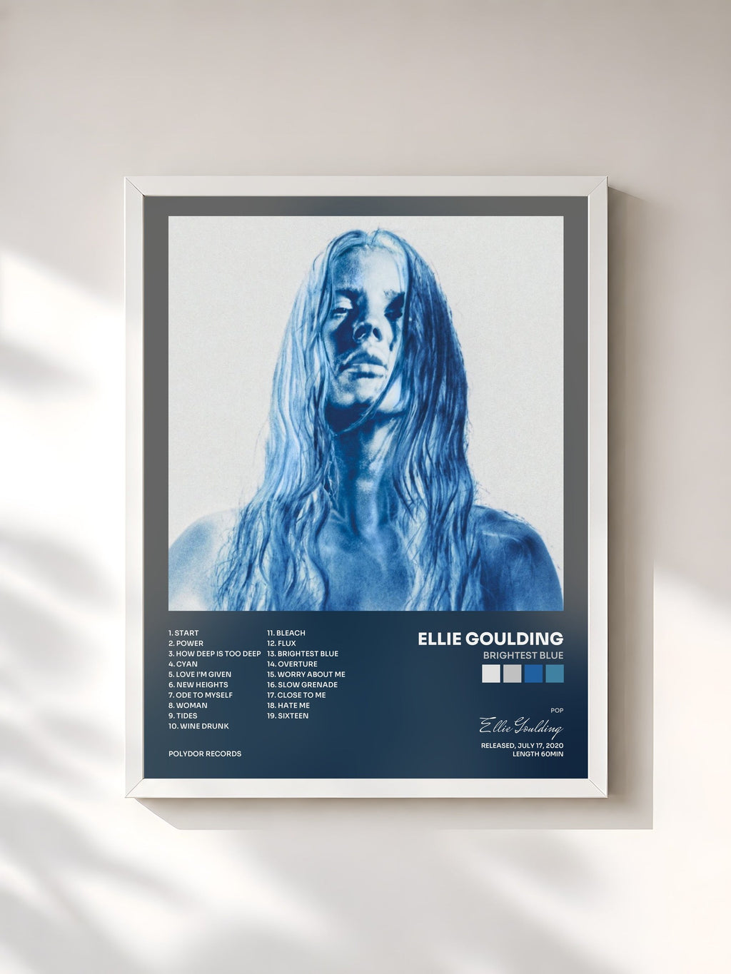 #blanc Tableau de l'album Brightest Blue de Ellie Goulding, cadre blanc, imprimé et encadré en France