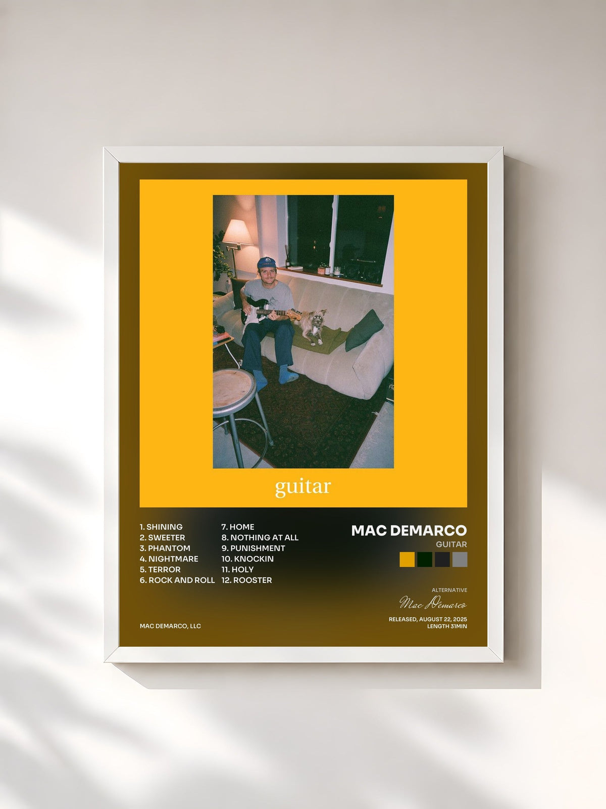 #blanc Tableau de l'album Guitar de Mac Demarco, cadre blanc, imprimé et encadré en France