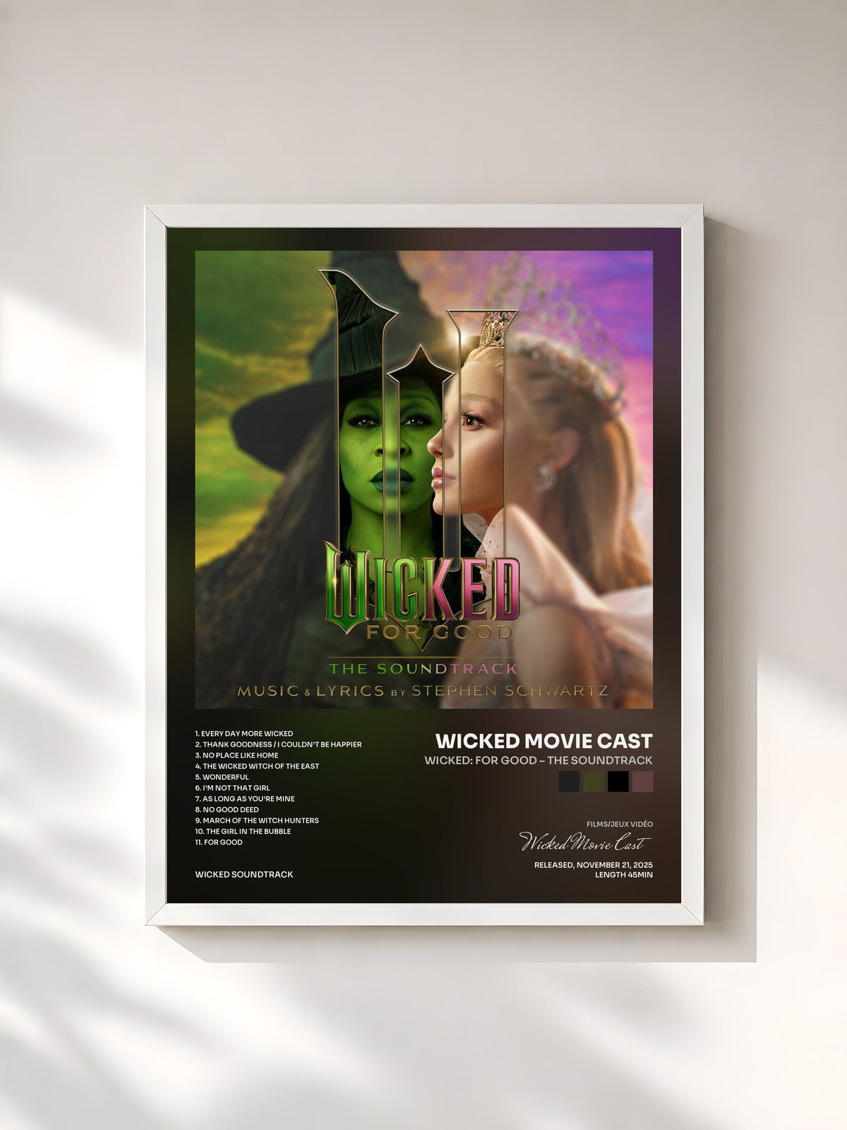 #blanc Tableau de l'album Wicked: For Good – The Soundtrack de Wicked Movie Cast, cadre blanc, imprimé et encadré en France