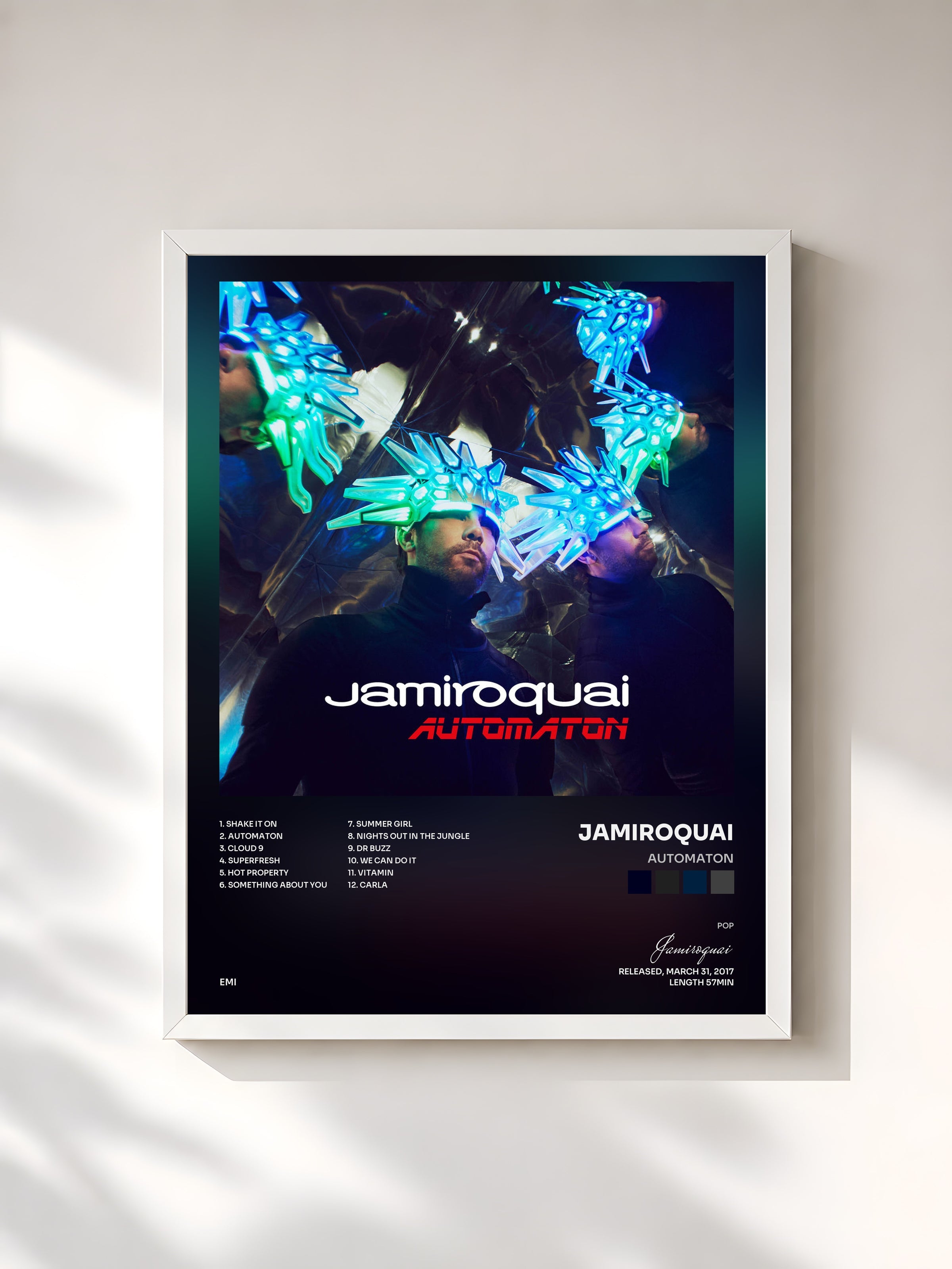 #blanc Tableau de l'album Automaton de Jamiroquai, cadre blanc, imprimé et encadré en France