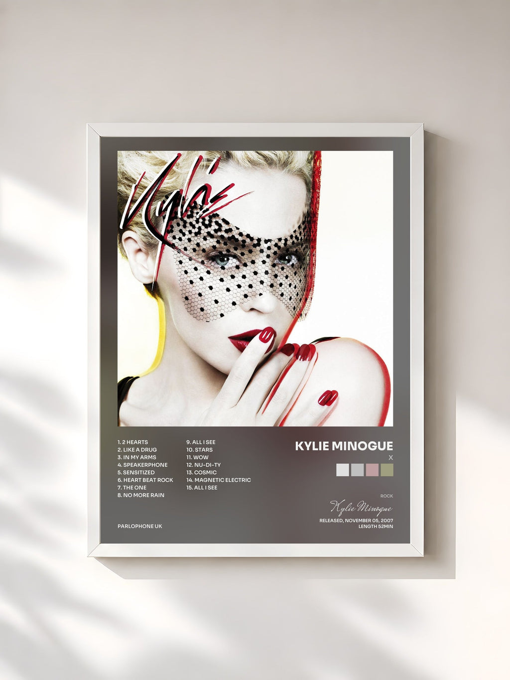 #blanc Tableau de l'album X de Kylie Minogue, cadre blanc, imprimé et encadré en France