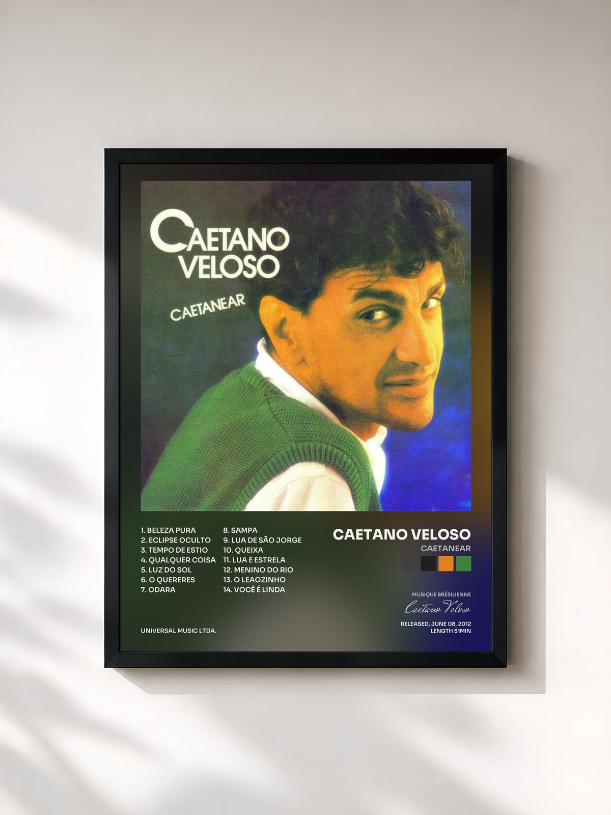 #noir Tableau de l'album Caetanear de Caetano Veloso, cadre noir, imprimé et encadré en France