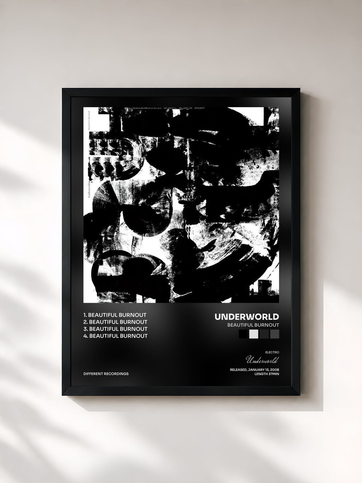 #noir Tableau de l'album Beautiful Burnout de Underworld, cadre noir, imprimé et encadré en France