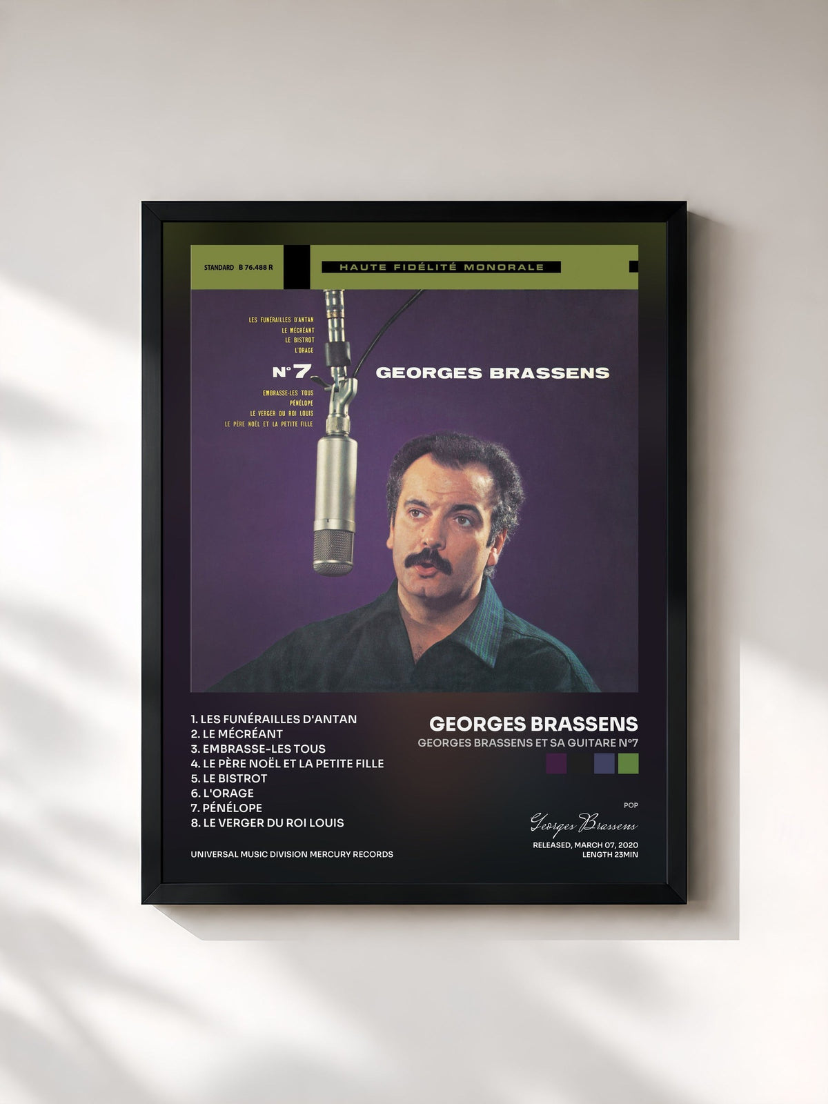 #noir Tableau de l'album Georges Brassens et sa guitare N°7 de Georges Brassens, cadre noir, imprimé et encadré en France